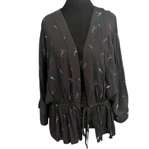 EXPRESS Black Blouse with Pink and Blue Feather Print, Size XL